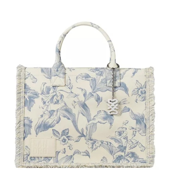 Sandro Blue and White Toile Kabesh Floral Tote Bag - Picture 1 of 17